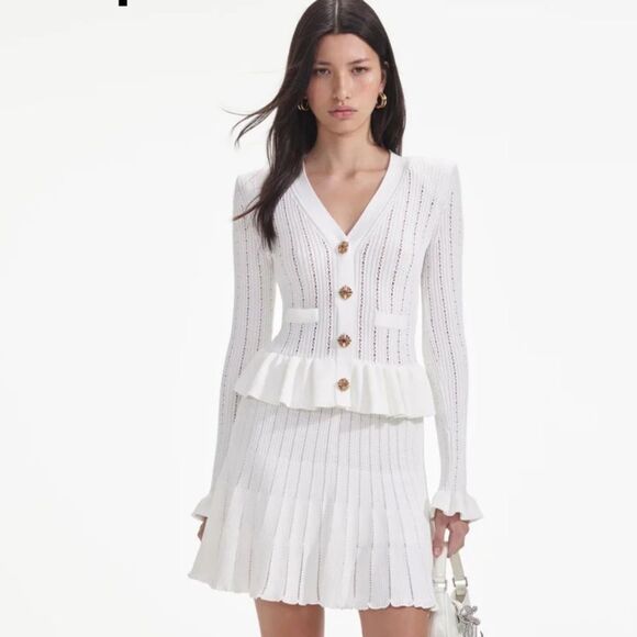NWT SELF-Portrait WHITE KNIT PEPLUM MINI DRESS Medium - Picture 1 of 14